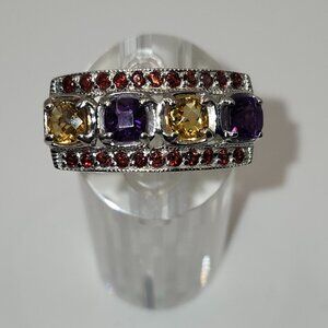 .925 Sterling Silver Natural Amethyst/Garnet/Yellow Citrine Ring Sz 7 Value $670